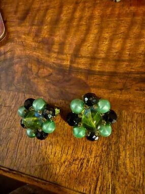 Vintage Green Bead Cluster Clip-On Earrings